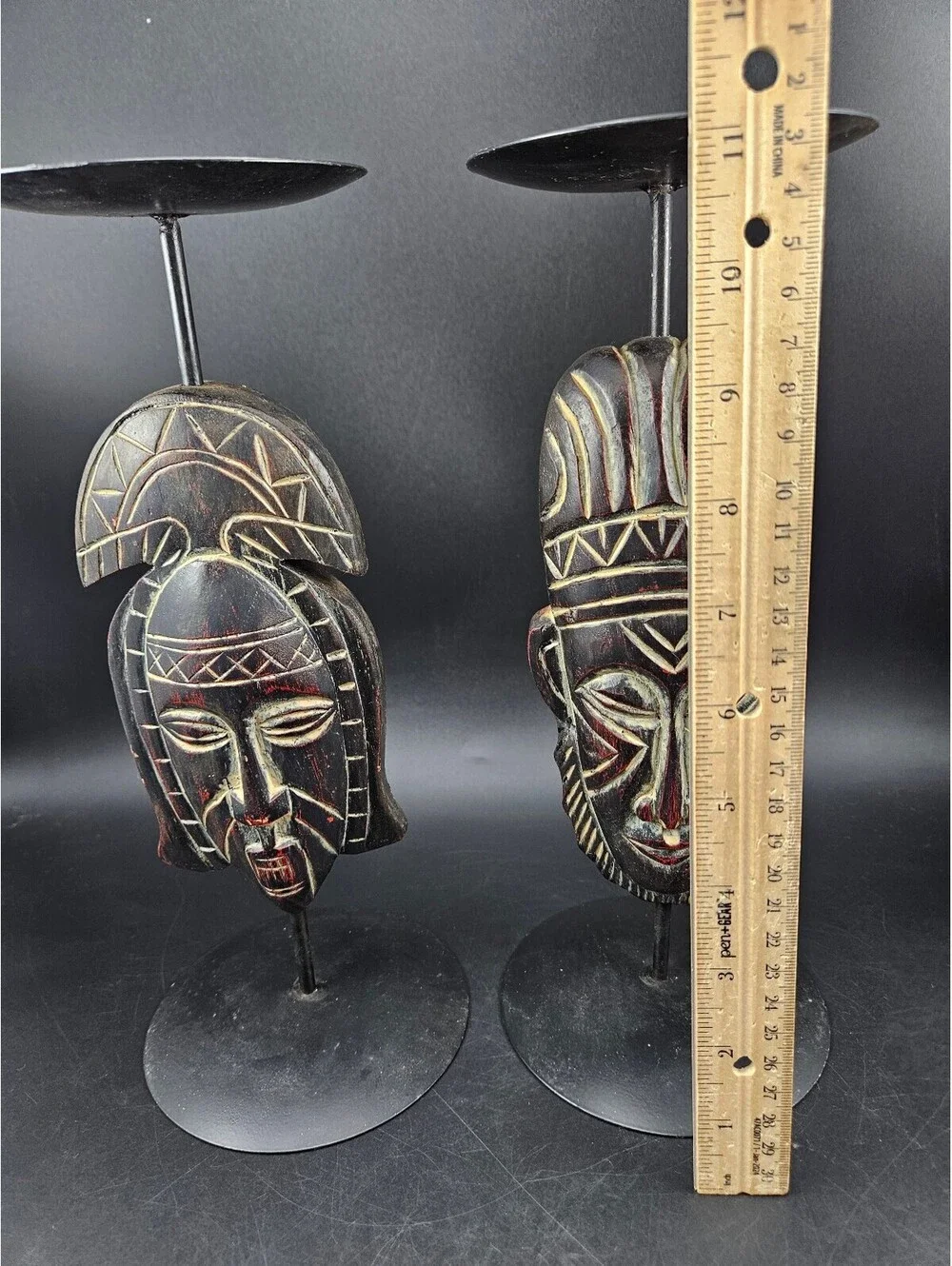 2 Vintage Hand-Carved Tribal Mask Pillar Candle Holders Iron Stands Folk Art